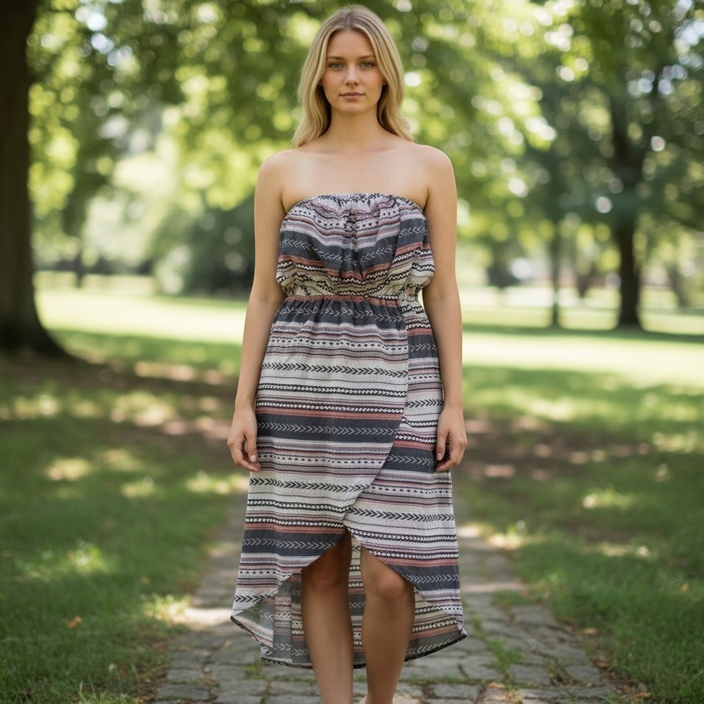 Hello Miss Women Medium Strapless High Low Southwestern Print Dress Black Pink